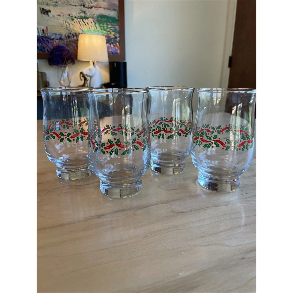 LOT OF 4 VINTAGE LIBBEY ARBY'S HOLLY RIBBONS GLASS TUMBLERS 5 1/4
